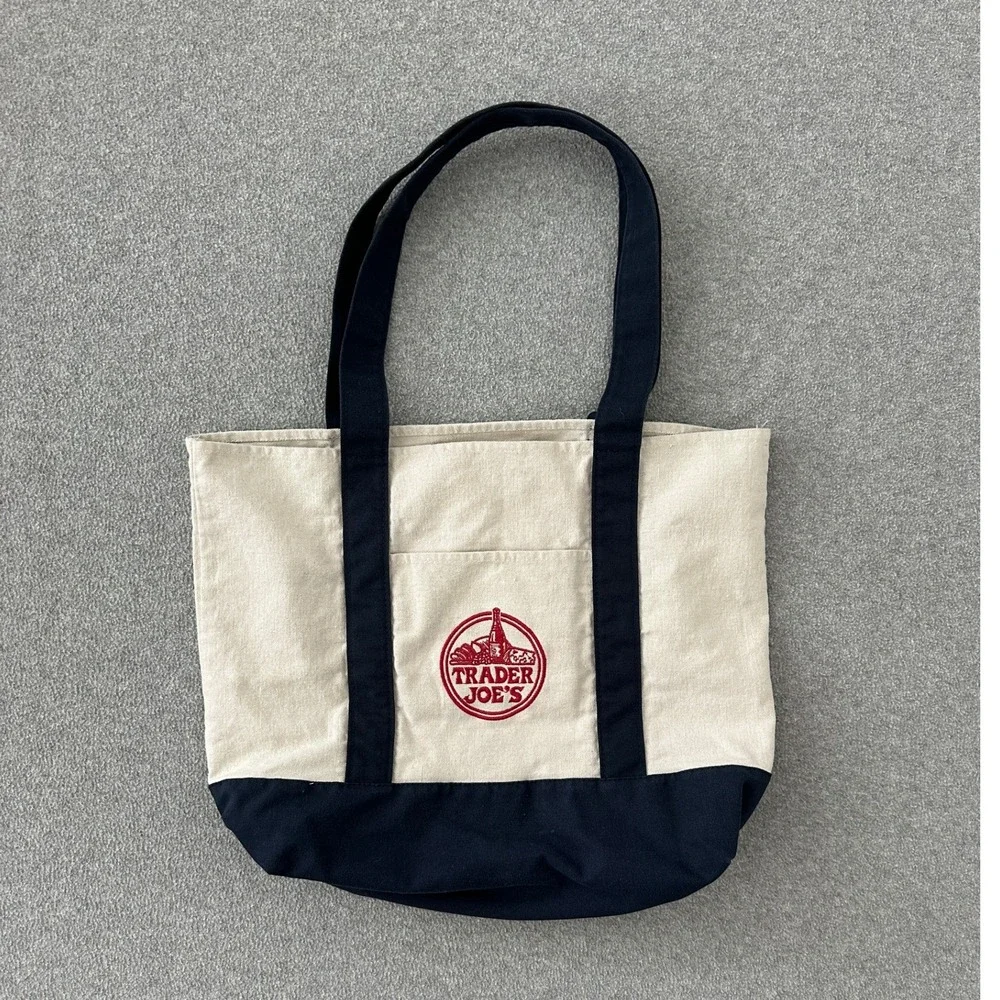 Trader Joes Canvas Tote Bag L Navy Blue Cream Embroidered Logo Reusable Grocery